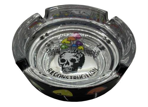 BLACK BASE SILVER METALLIC INSIDE WITH SKULL AND COLORFUL MUSHROOMS BRAIN GLASS ASHTRAY