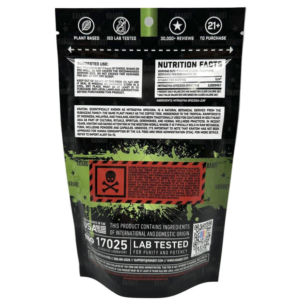 Kratom packaging with warning labels and nutritional information on a gray background