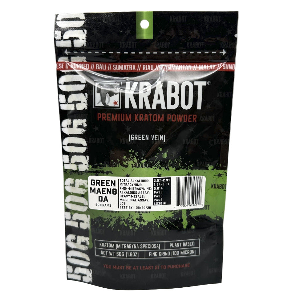 Krabot Premium Kratom Powder package on a gray background