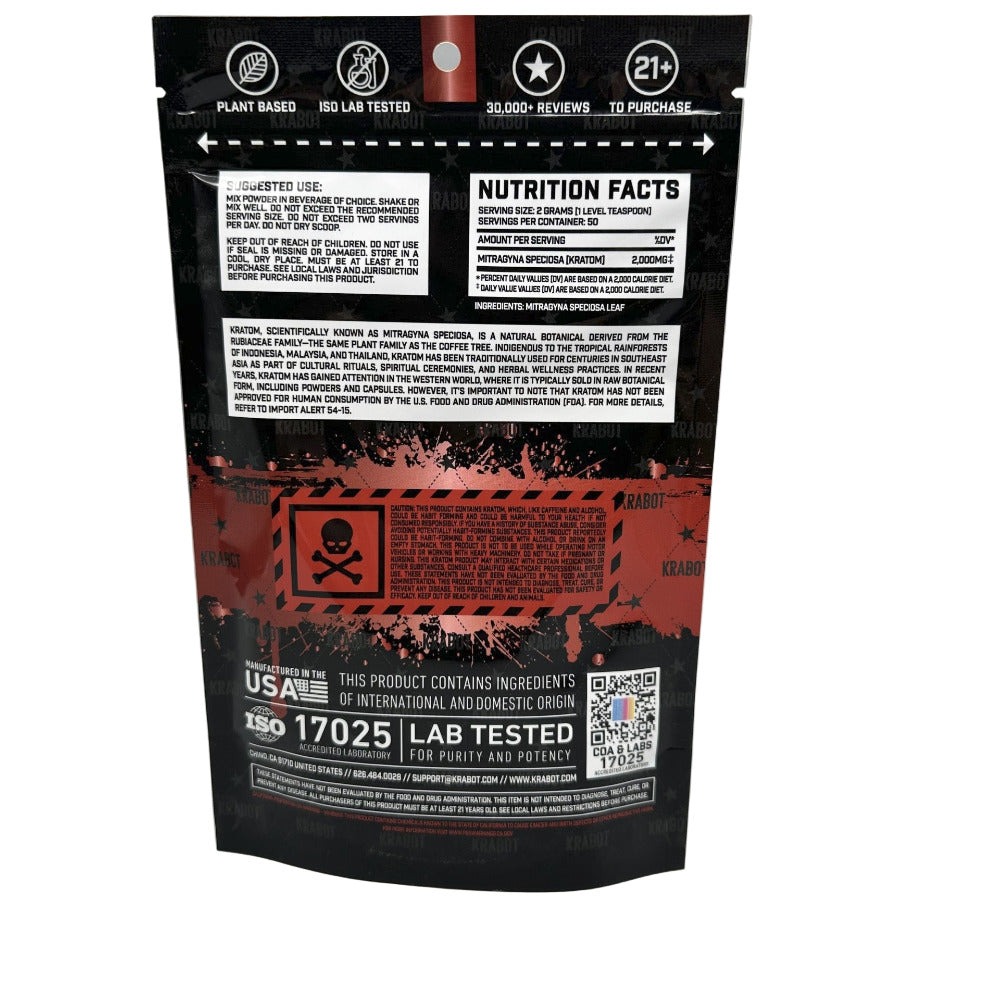 Black and red supplement packaging with nutrition facts and branding on a gray background