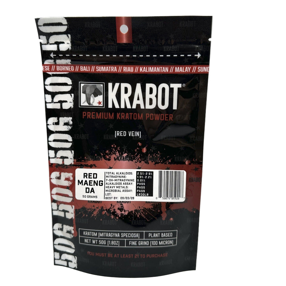 Krabot Premium Kratom Powder packaging on a gray background
