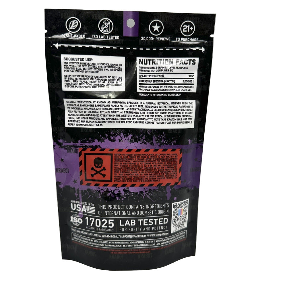 Black and purple supplement package with nutritional information and branding on a gray background