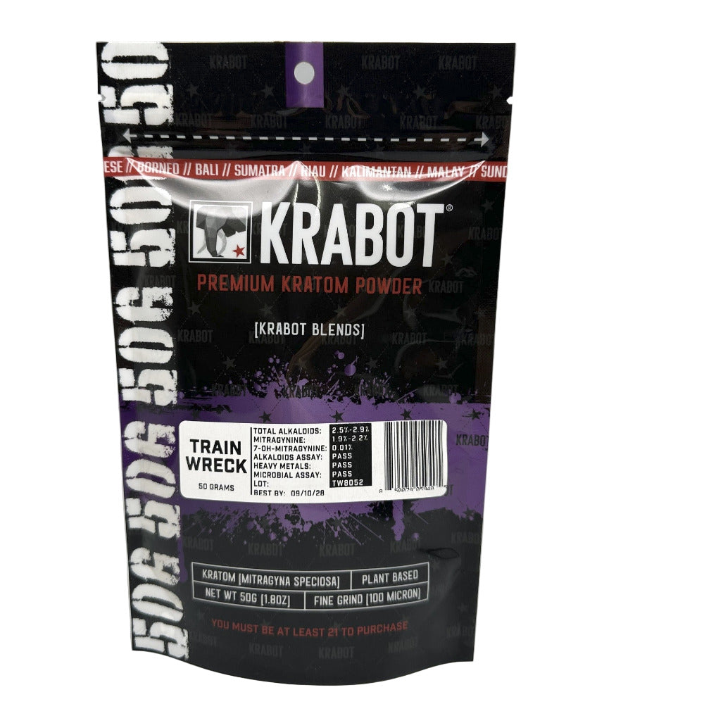 Krabot Premium Kratom Powder package on a gray background