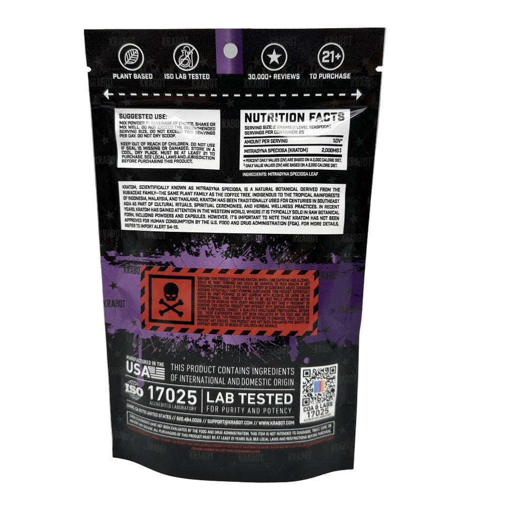 Nutritional supplement package with black and purple design on a gray background