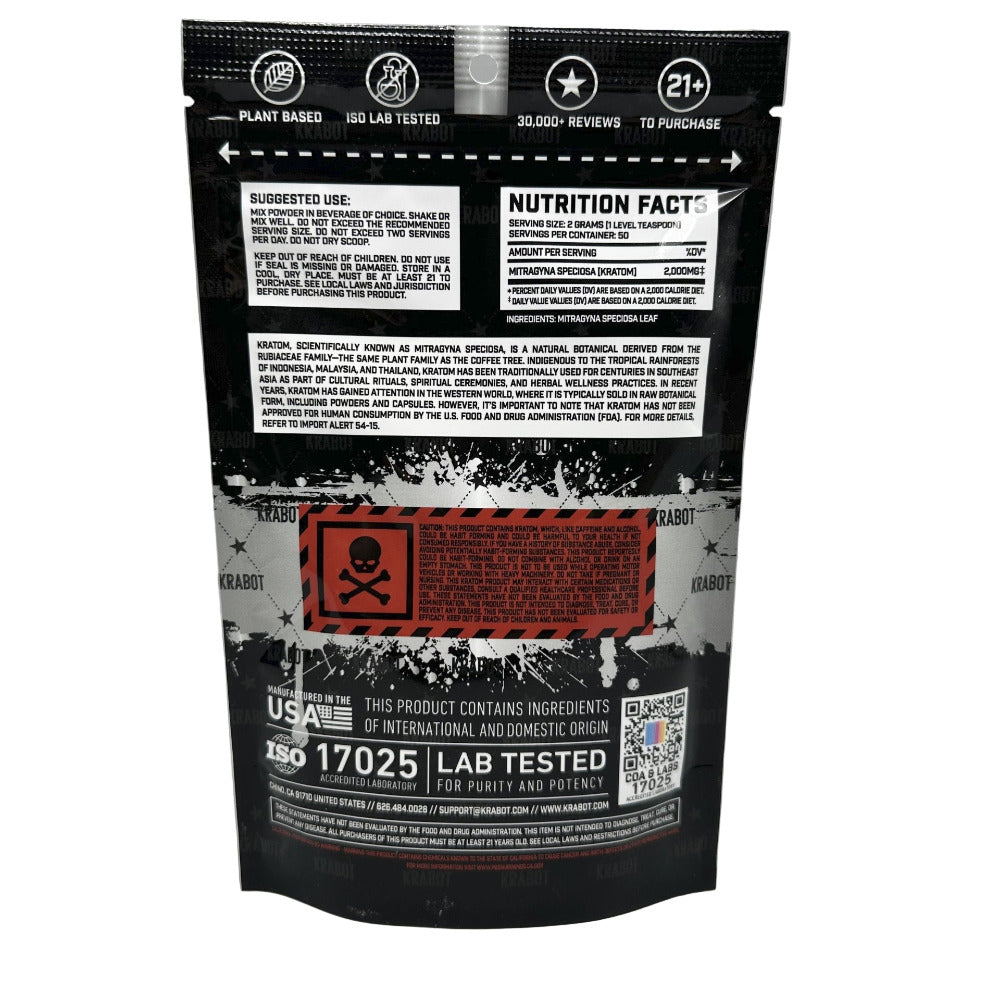 Black supplement packaging with nutritional information and warning labels on a gray background