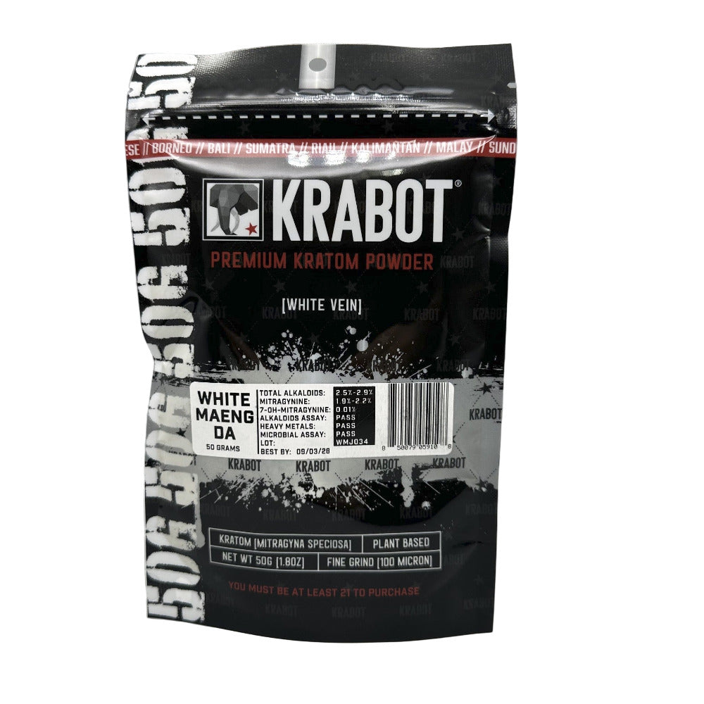 Krabot Premium Kratom Powder package on a gray background