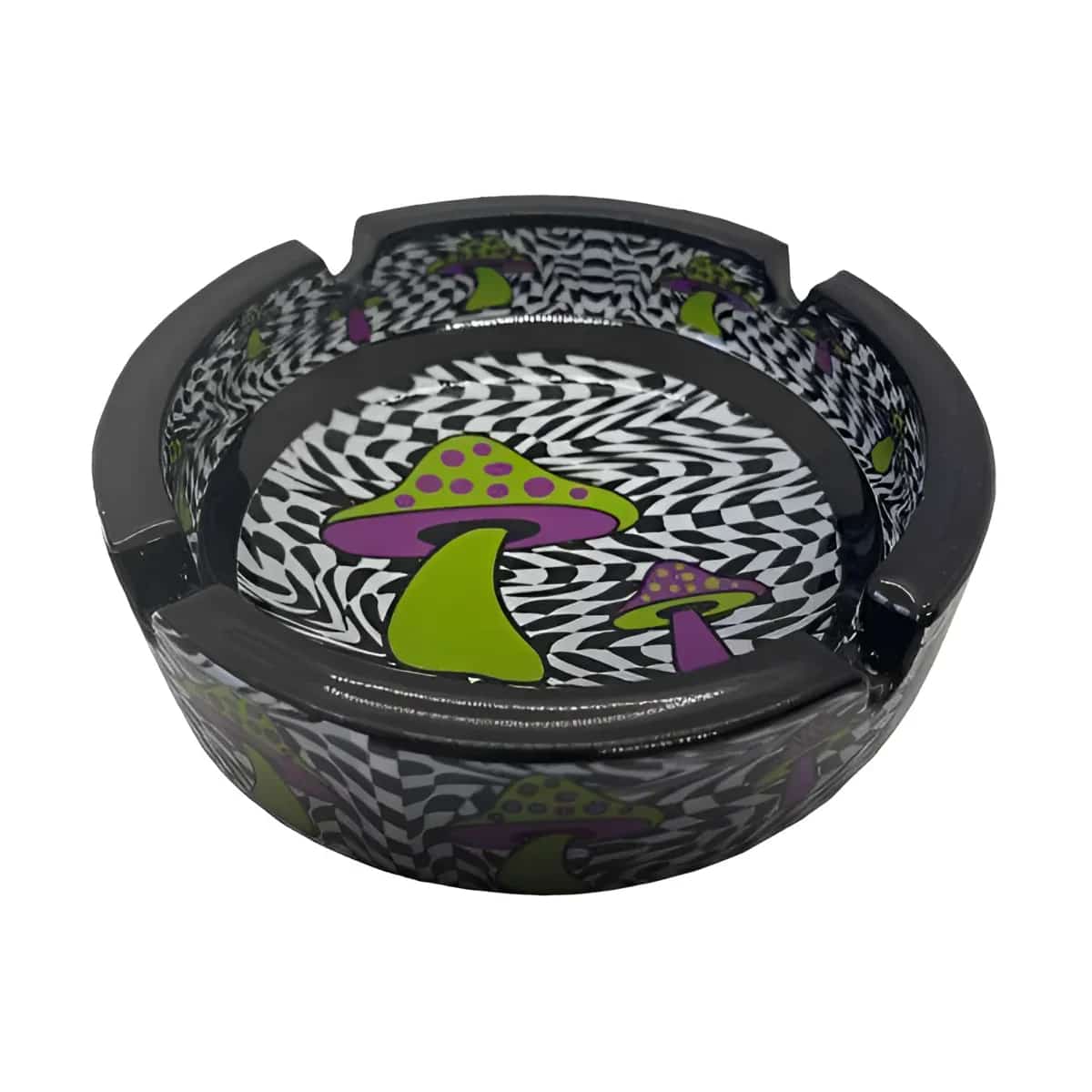 Black and White Trippy Glass Ashtray with Mushrooms - Smoke Shop Wholesale. Done Right.