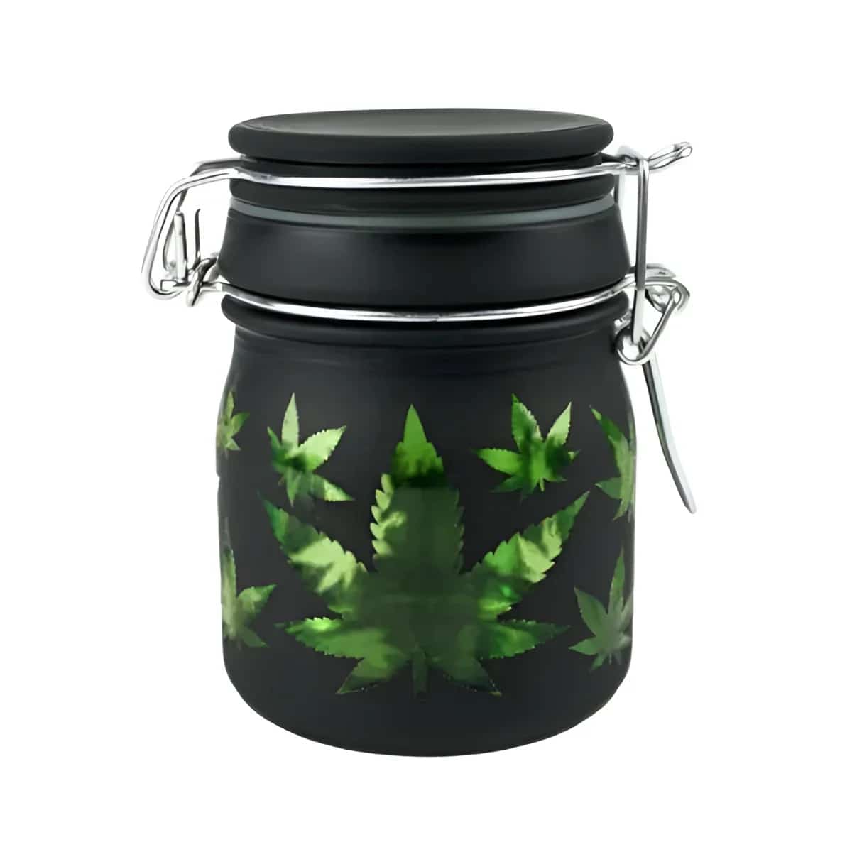 BLACK FROSTED-GREEN LEAVES STASH JAR 5oz - Smoke Shop Wholesale. Done Right.