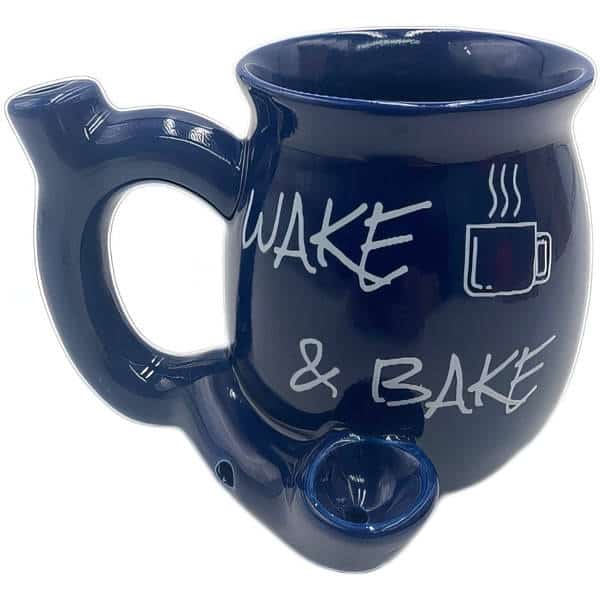 BLUE WAKE & BAKE CERAMIC COFFEE MUG PIPE - Smoke Shop Wholesale. Done Right.