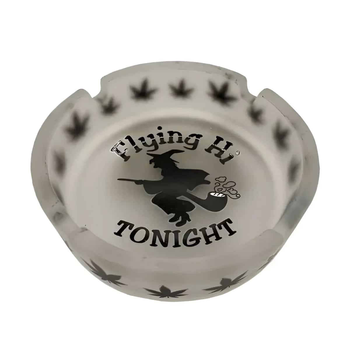 Frosted White Ashtray With Leaves and Witch Riding Pipe - Smoke Shop Wholesale. Done Right.