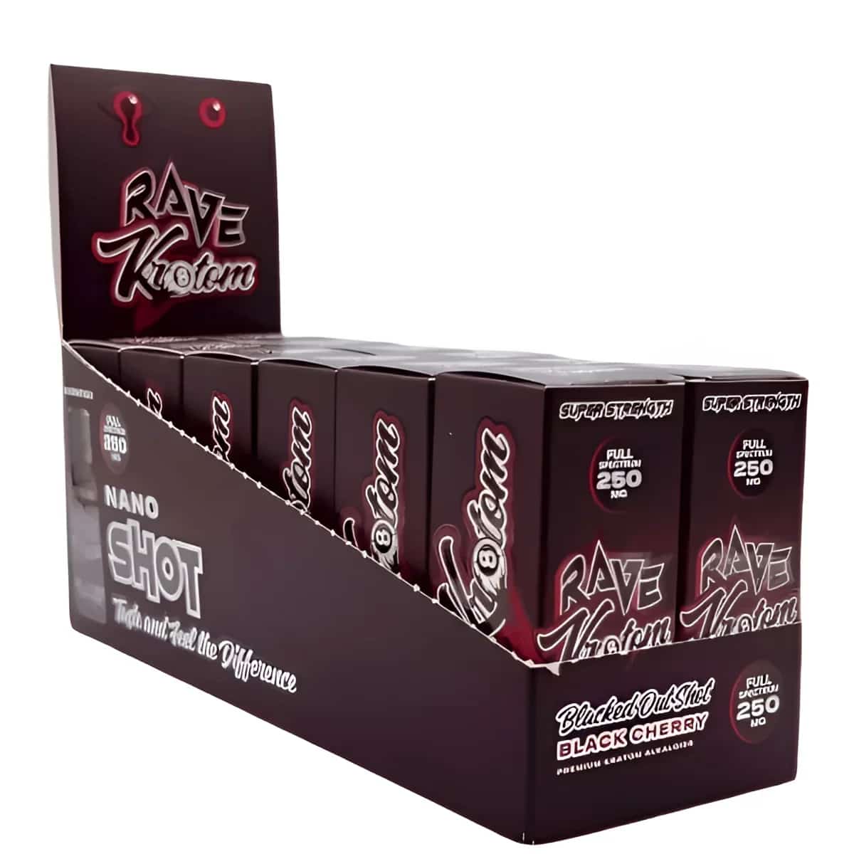 RAVE BLACKED OUT SHOT. BLACK CHERRY FLAVORED 250 MG MIT 1 OZ 12 CT DISPLAY - Smoke Shop Wholesale. Done Right.