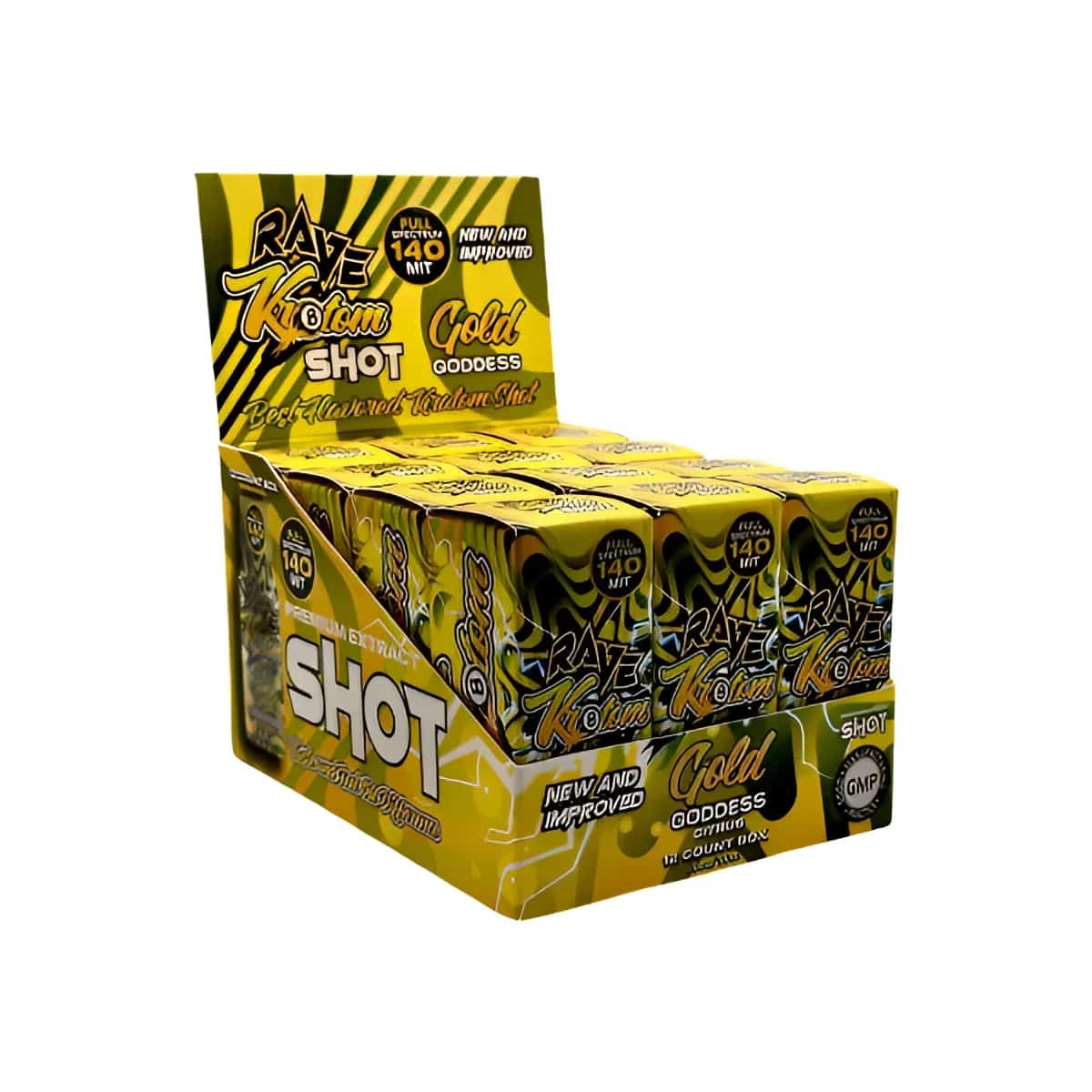 RAVE GOLD GODDESS SHOT CITRUS FLAVORED 140 MG MIT 15 ML 12 CT DISPLAY - Smoke Shop Wholesale. Done Right.