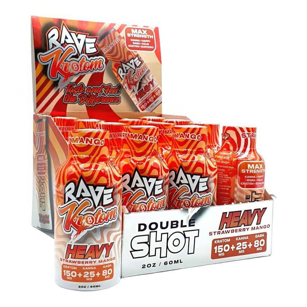 RAVE TARGET SHOT HEAVY STRAWBERRY MANGO FLAVORED 150 MG MIT / 25 MG KANNA / 80 MG GABA 2 OZ 12 CT DISPLAY - Smoke Shop Wholesale. Done