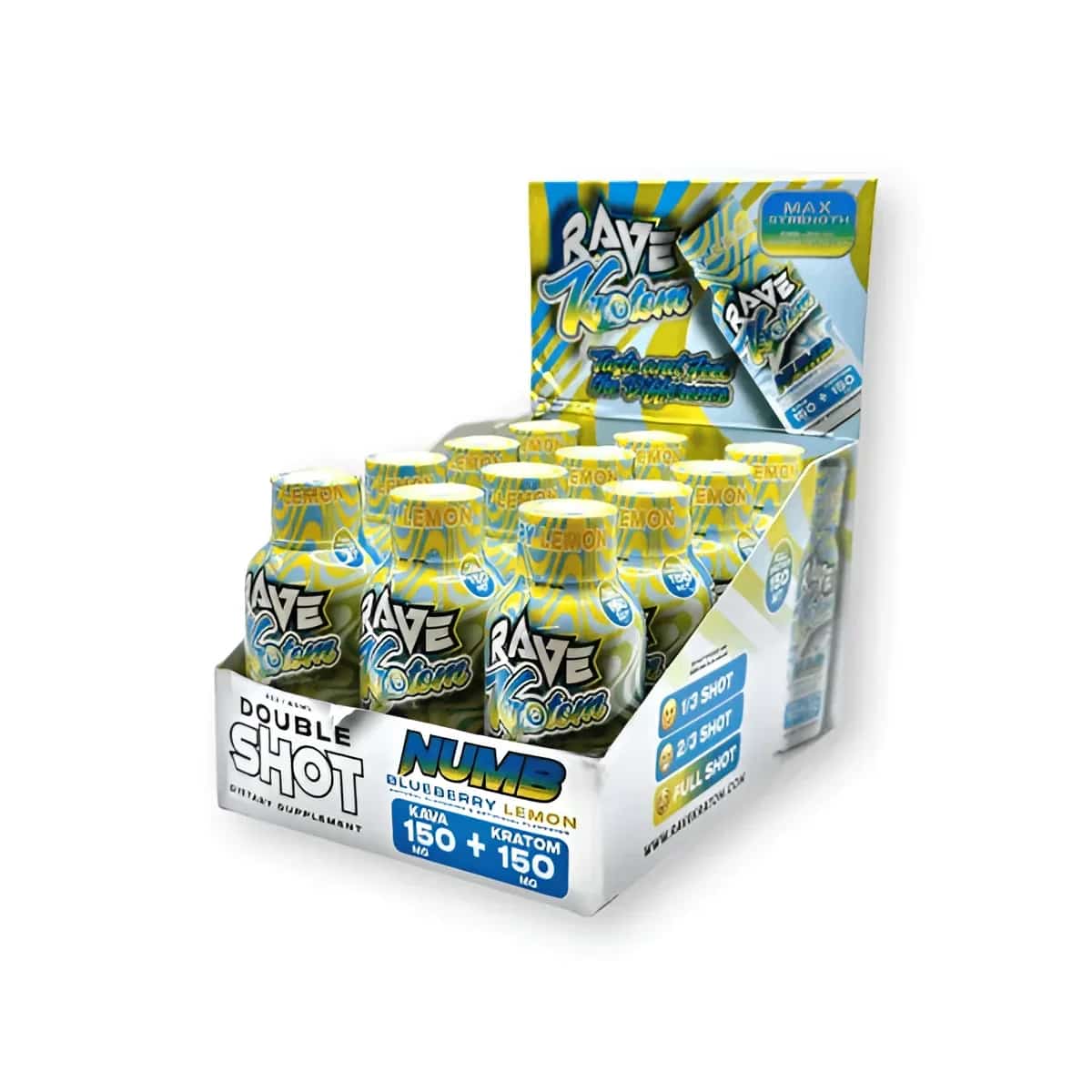RAVE TARGET SHOT NUMB BLUEBERRY LEMON FLAVORED 150 MG MIT / 150 MG KAVA 2 OZ 12 CT DISPLAY - Smoke Shop Wholesale. Done Right.
