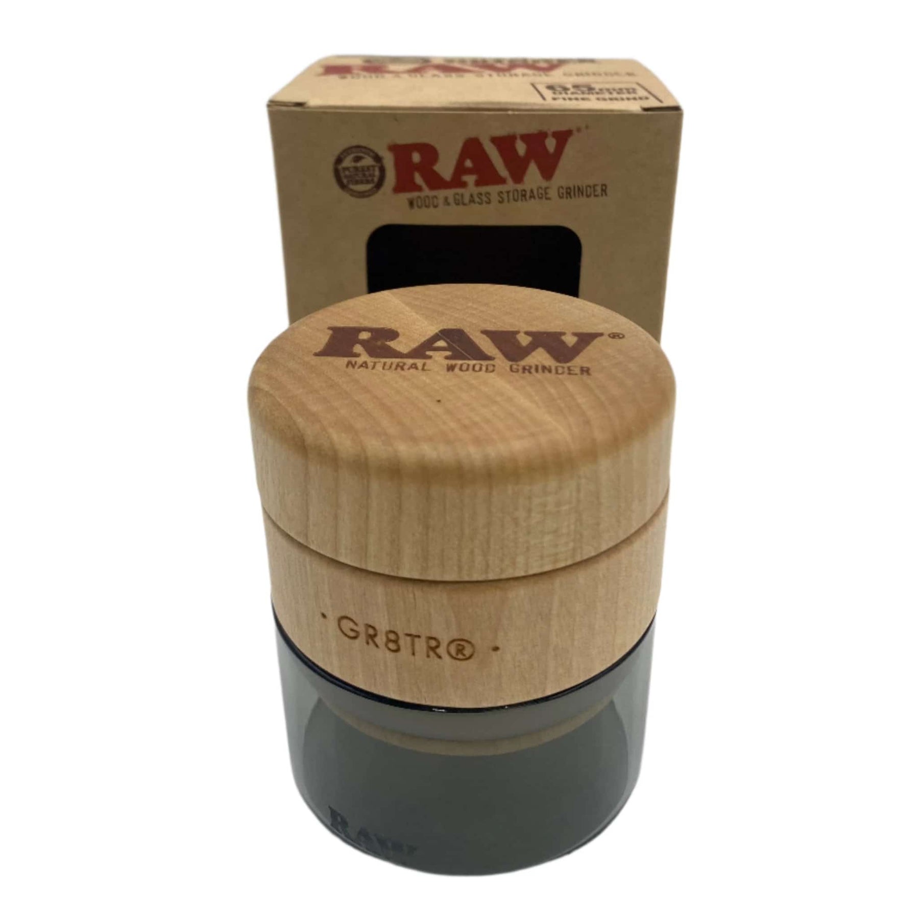 RAW BIRCH TOP WOOD & GLASS STORAGE GRINDER W/ BLACK GLASS - Smoke Shop Wholesale. Done Right.