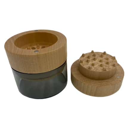 RAW BIRCH TOP WOOD & GLASS STORAGE GRINDER W/ BLACK GLASS - Smoke Shop Wholesale. Done Right.