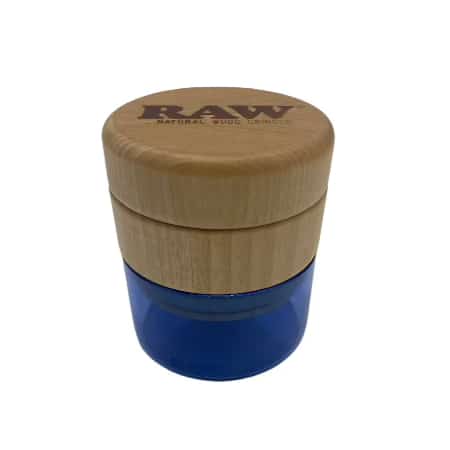 RAW BIRCH TOP WOOD & GLASS STORAGE GRINDER W/ BLUE GLASS - Smoke Shop Wholesale. Done Right.