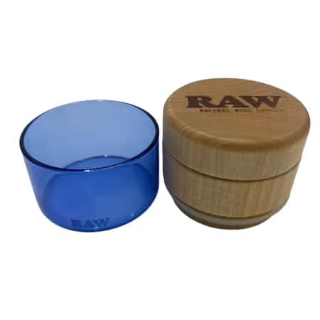 RAW BIRCH TOP WOOD & GLASS STORAGE GRINDER W/ BLUE GLASS - Smoke Shop Wholesale. Done Right.