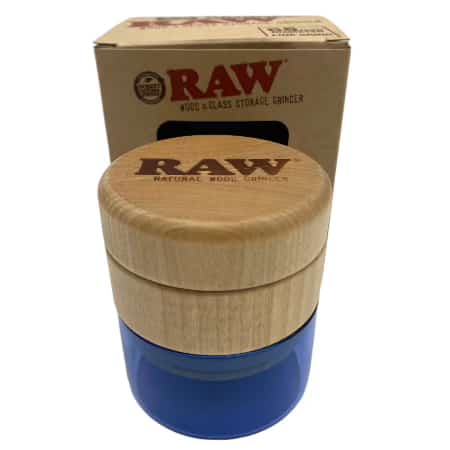 RAW BIRCH TOP WOOD & GLASS STORAGE GRINDER W/ BLUE GLASS - Smoke Shop Wholesale. Done Right.