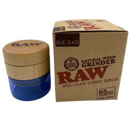 RAW BIRCH TOP WOOD & GLASS STORAGE GRINDER W/ BLUE GLASS - Smoke Shop Wholesale. Done Right.
