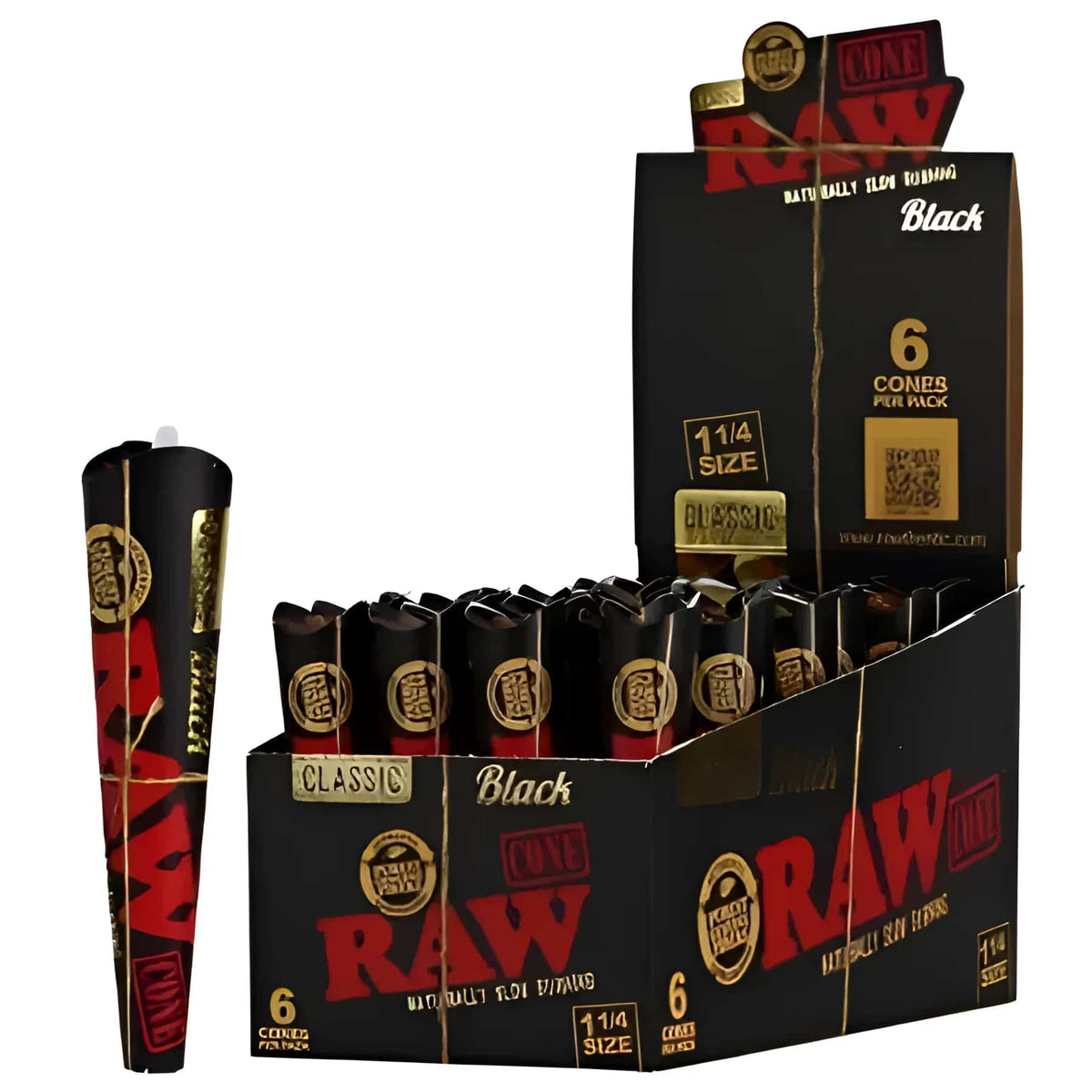 RAW CLASSIC BLACK 1 1/4 CONES 6PK 32CT BOX - Smoke Shop Wholesale. Done Right.