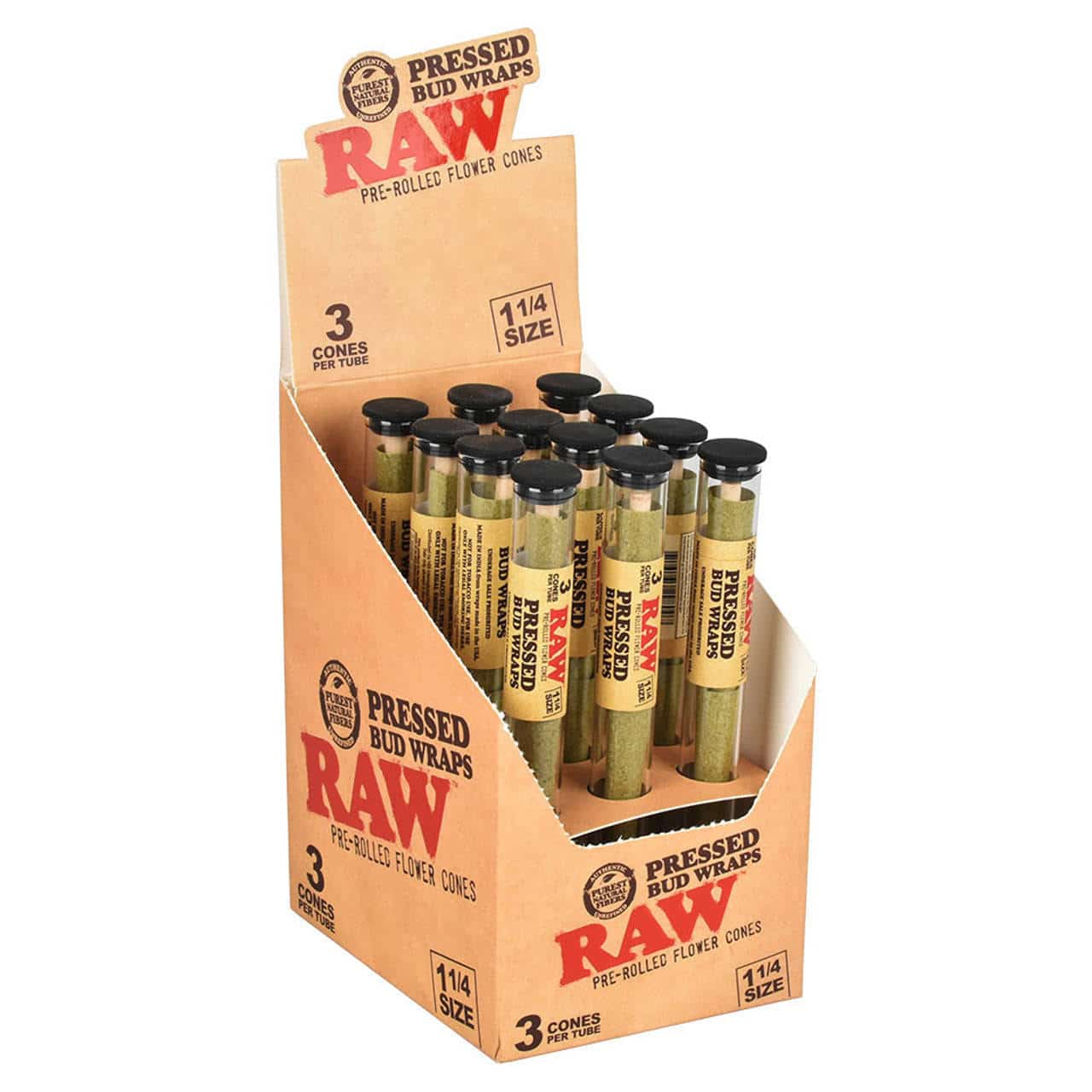 Raw Pressed Bud Wrap Cones 1 1/4 3pk 12 Ct Display - Smoke Shop Wholesale. Done Right.