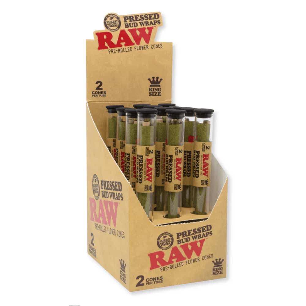 RAW Pressed Bud Wrap Cones King Size 2 pk 12 Ct Display - Smoke Shop Wholesale. Done Right.