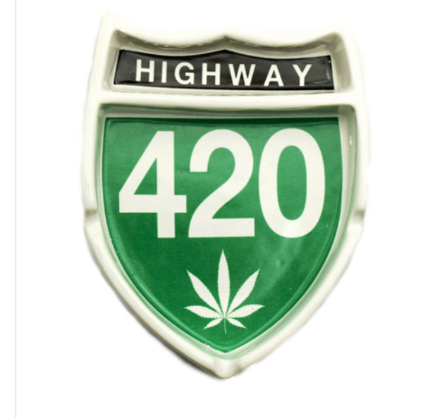 Green and black highway sign ashtray with Highway 420 and a leaf