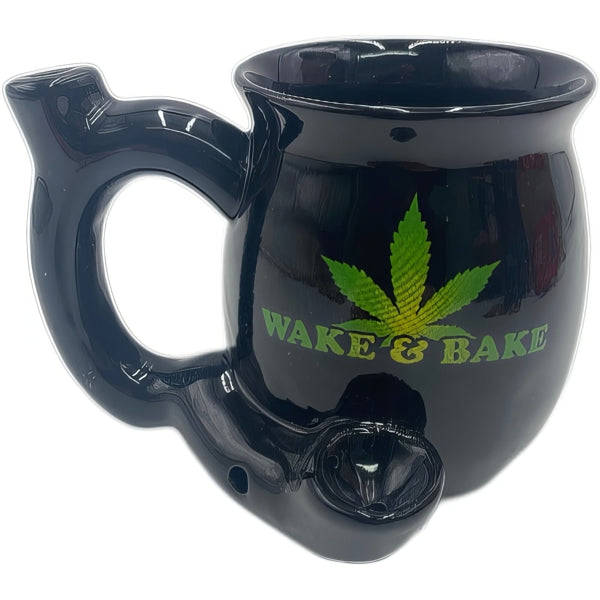 BLACK WAKE & BAKE CERAMIC COFFEE MUG PIPE WITH LEAF