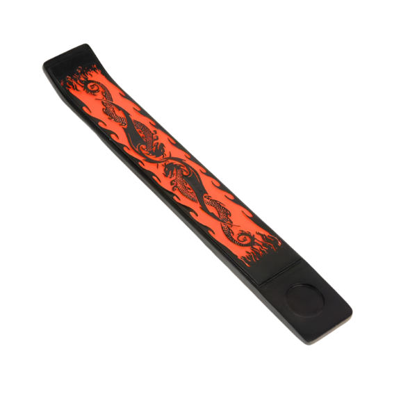 Black incense board with black dragons on a red fire background