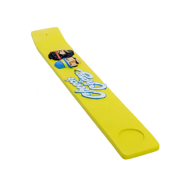 Yellow board incense burner with Cheech and Chong faces and names in white letters with blue outline