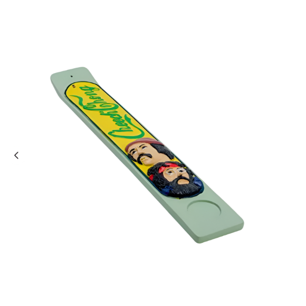 Green board Cheech and Chong faces incense burner with green lettering and yellow background