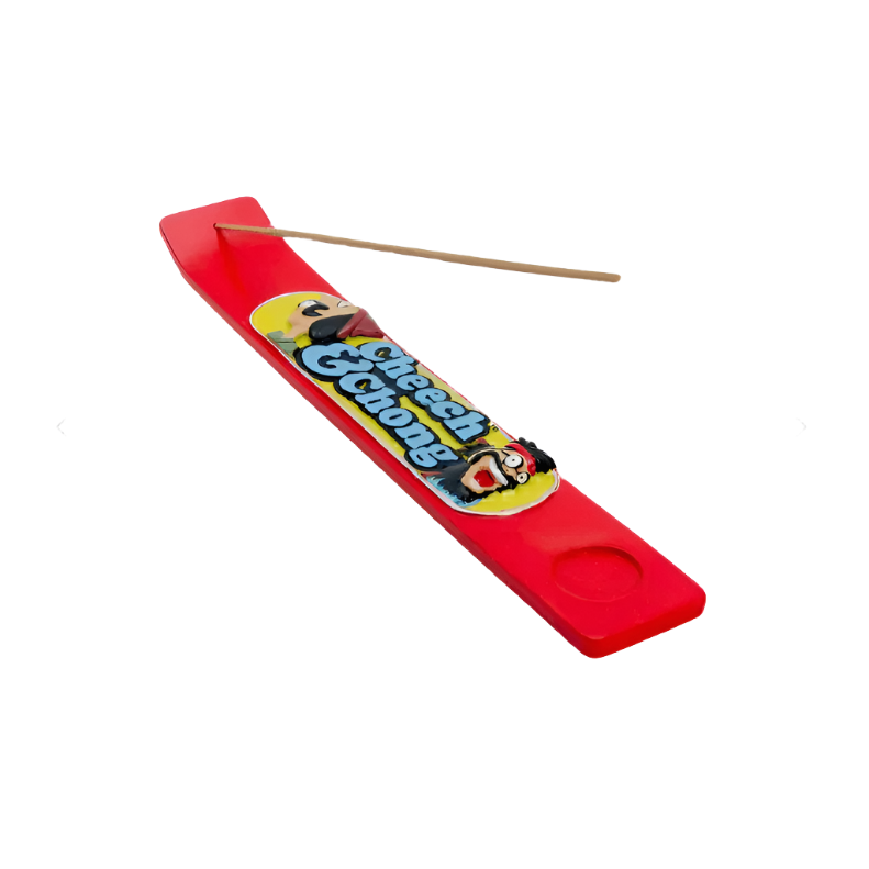 Red board incense burner with 3d Cheech and Chong caricature faces and blue lettering with yellow background 