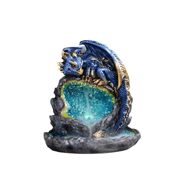 Blue and gold baby dragon on open blue and green crystal geode backflow incense burner