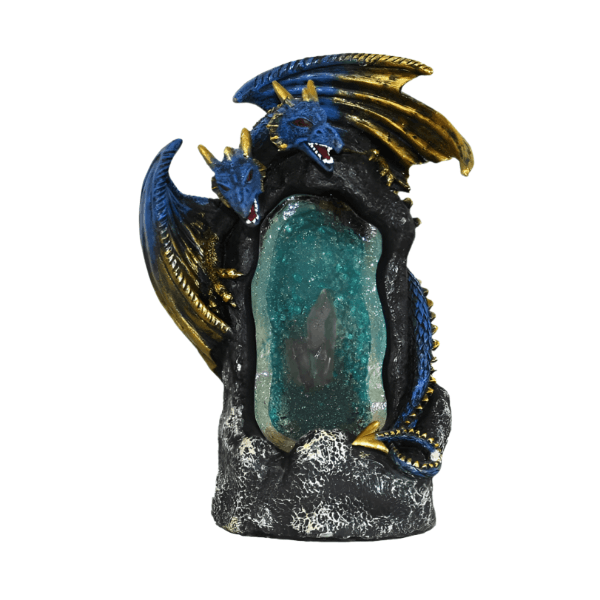 2 headed blue dragon on open crystal geode backflow incense burner led lamp