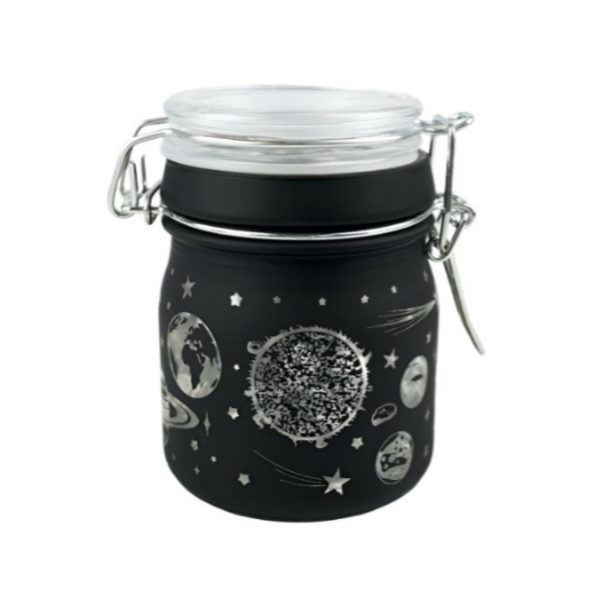 Black galaxy theme hinged stash jar with clasp