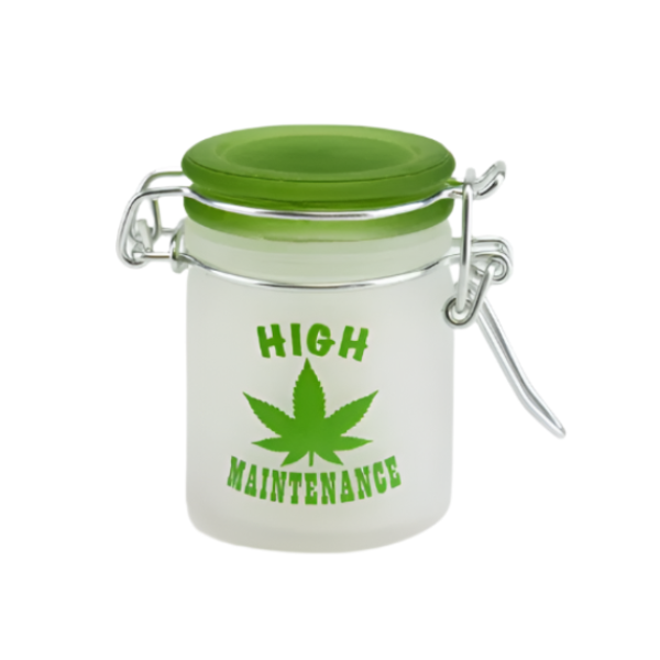 Frosted green leaf design hinged smell proof jar with the words High Maintenance