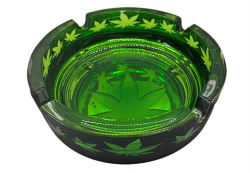 GLASS FROSTED BLACK WITH GREEN LEAVES ASHTRAY