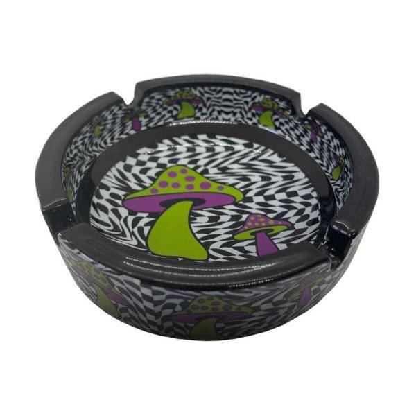 Black and White Trippy Glass Ashtray with Mushrooms