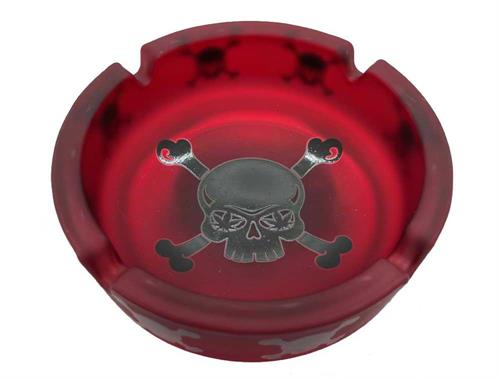 FROSTED RED WITH BLACK SKULL AND CROSSBONES GLASS ASHTRAY