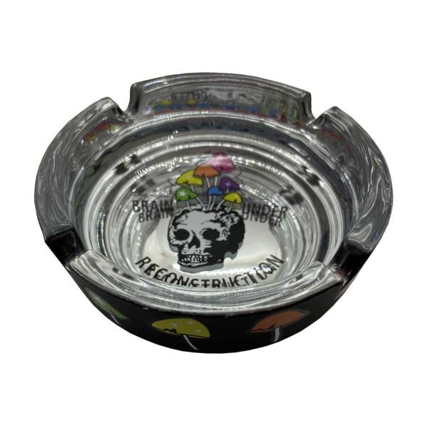 Black and metallic glass ashtray with mushrooms and skull