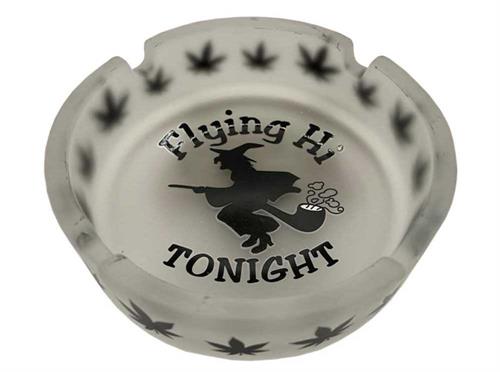 FROSTED WHITE WITH WITCH RIDING PIPE AND BLACK LEAVES WITH FLYING HI TONIGHT MESSAGE GLASS ASHTRAY