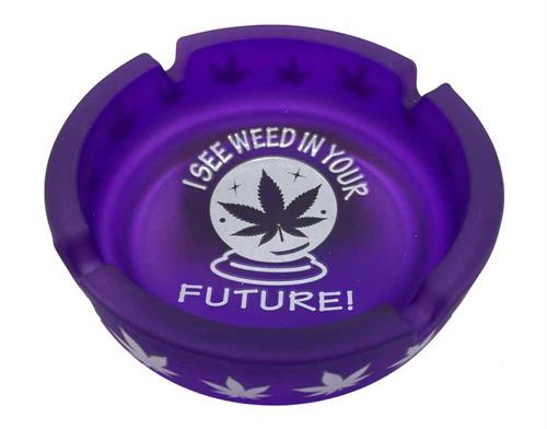 FROSTED PURPLE WITH CRYSTAL BALL AND I SEE FUTURE MESSAGE GLASS ASHTRAY