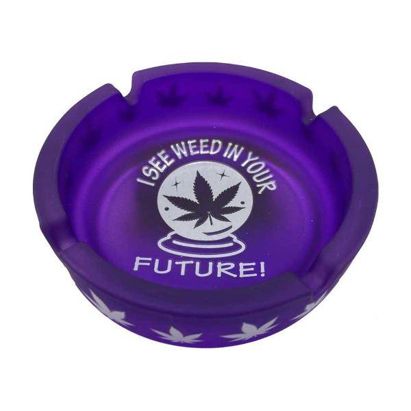 Purple Ashtray I See Weed In Your Future! with leaf designs