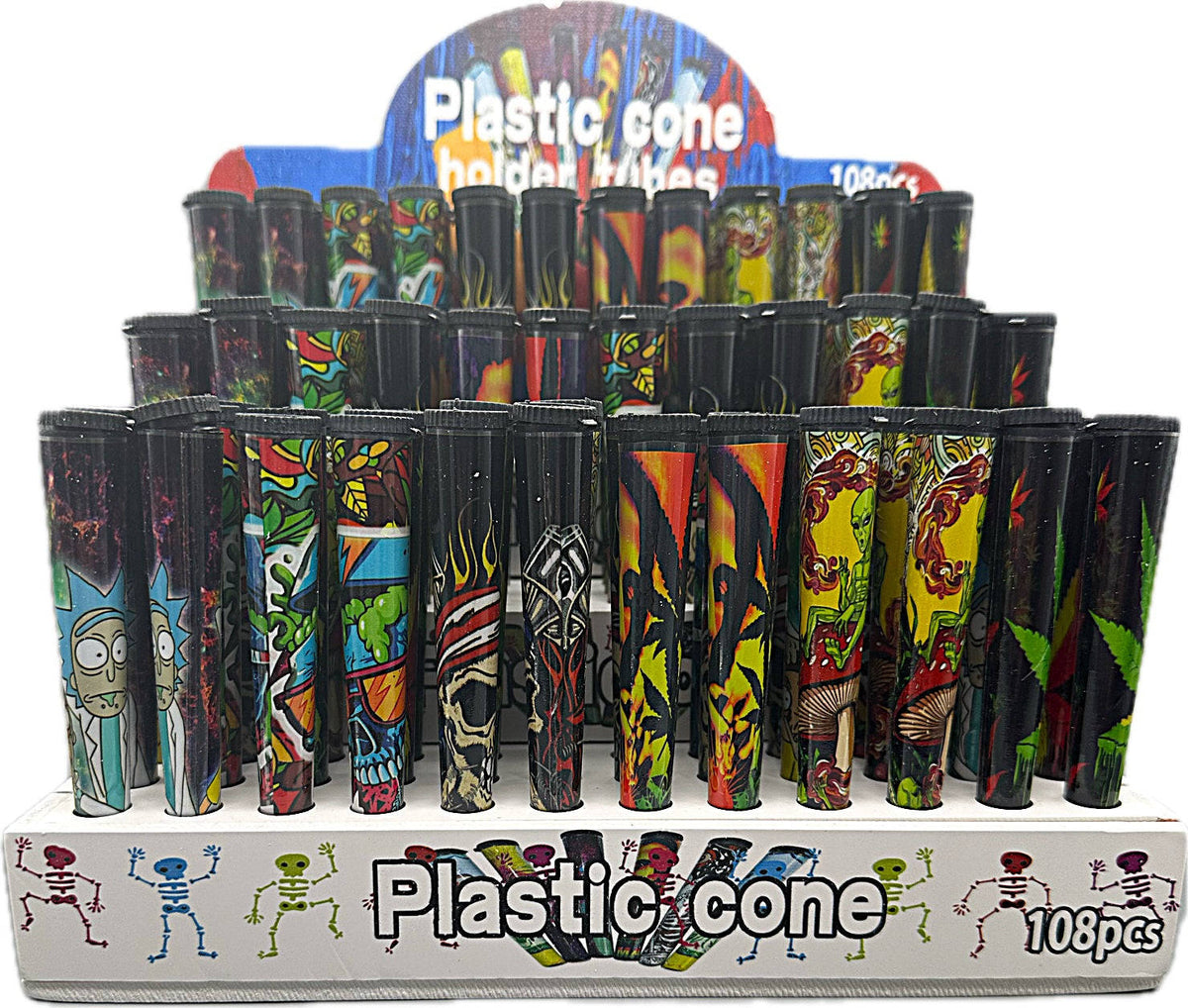 PLASTIC CONE TUBES W/ DESIGNS 108 CT DISPLAY