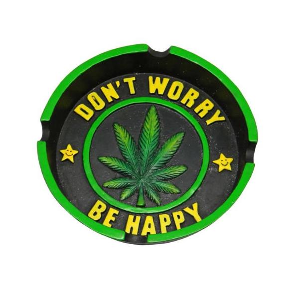 Ash tray with cannabil leaf with Don't Worry Be Happy in yellow