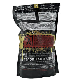 Black and yellow supplement package with text and labels on a white background