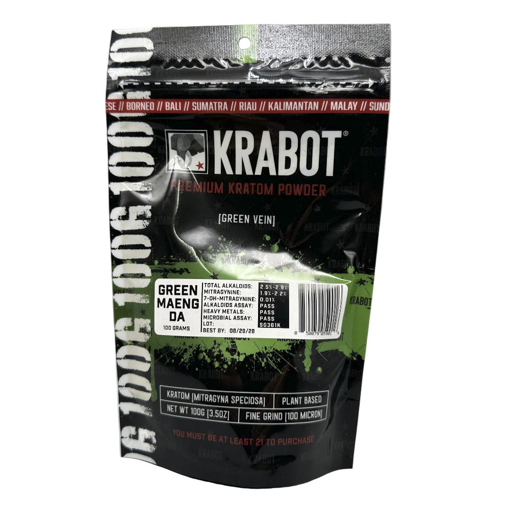Krabot Premium Kratom Powder packaging on a gray background