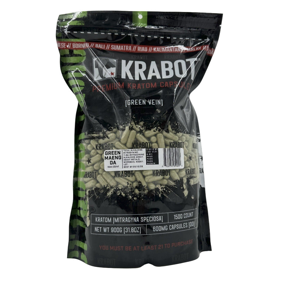 Kratom capsules packaging with visible branding on a white background