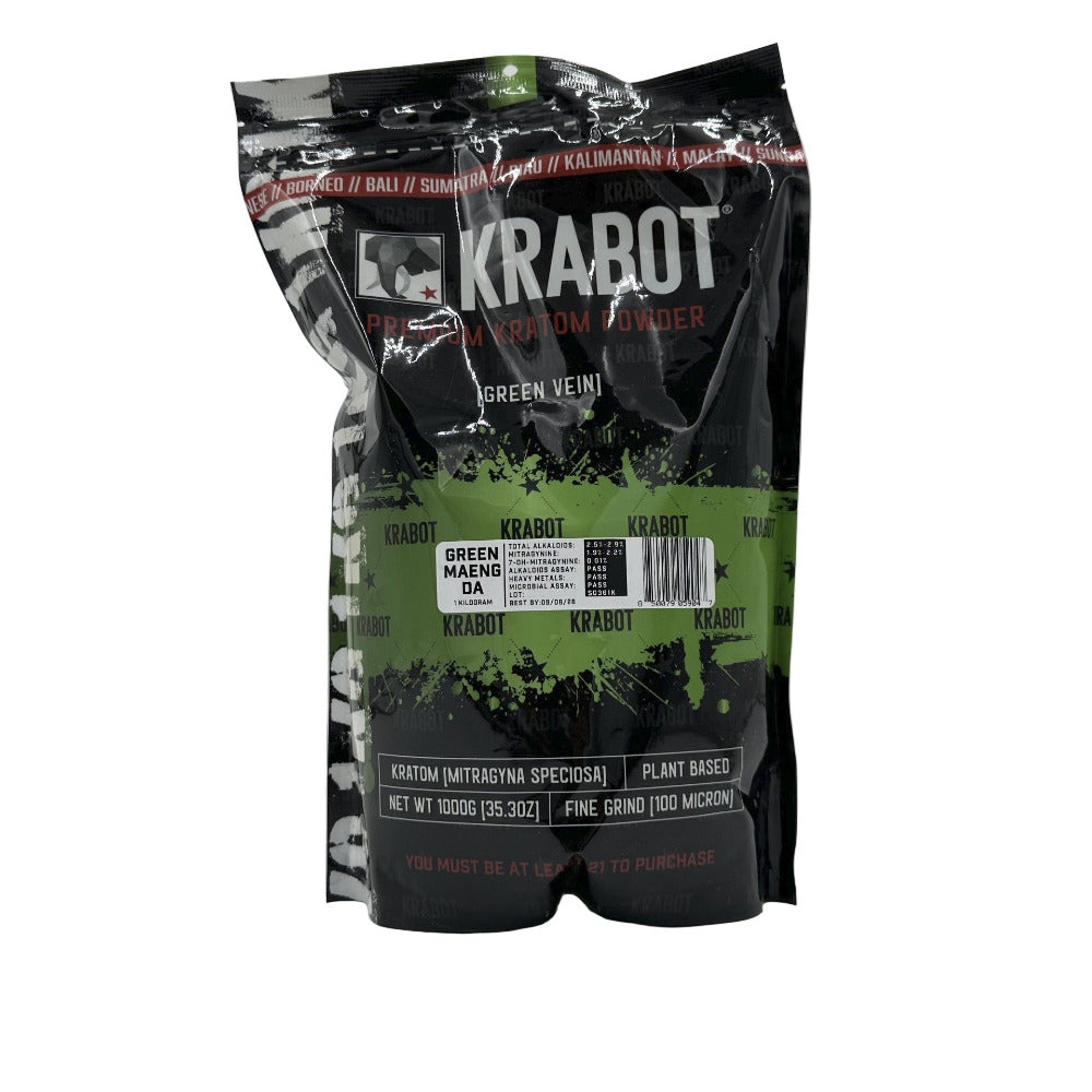 Krabot kratom powder packaging on a gray background